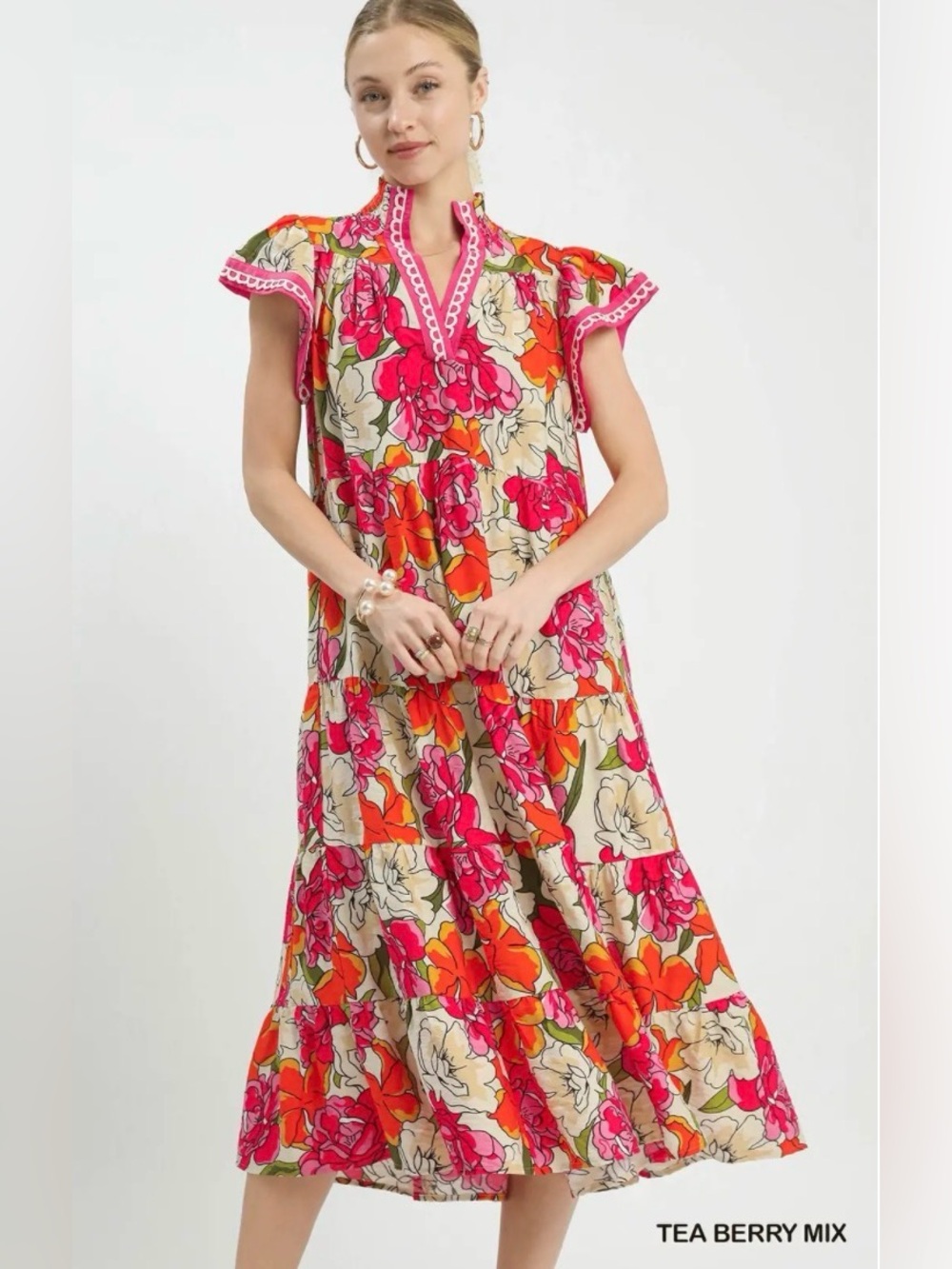 Umgee Mix Bold Floral Tiered Midi Dress – Teaberry Mix🛍️